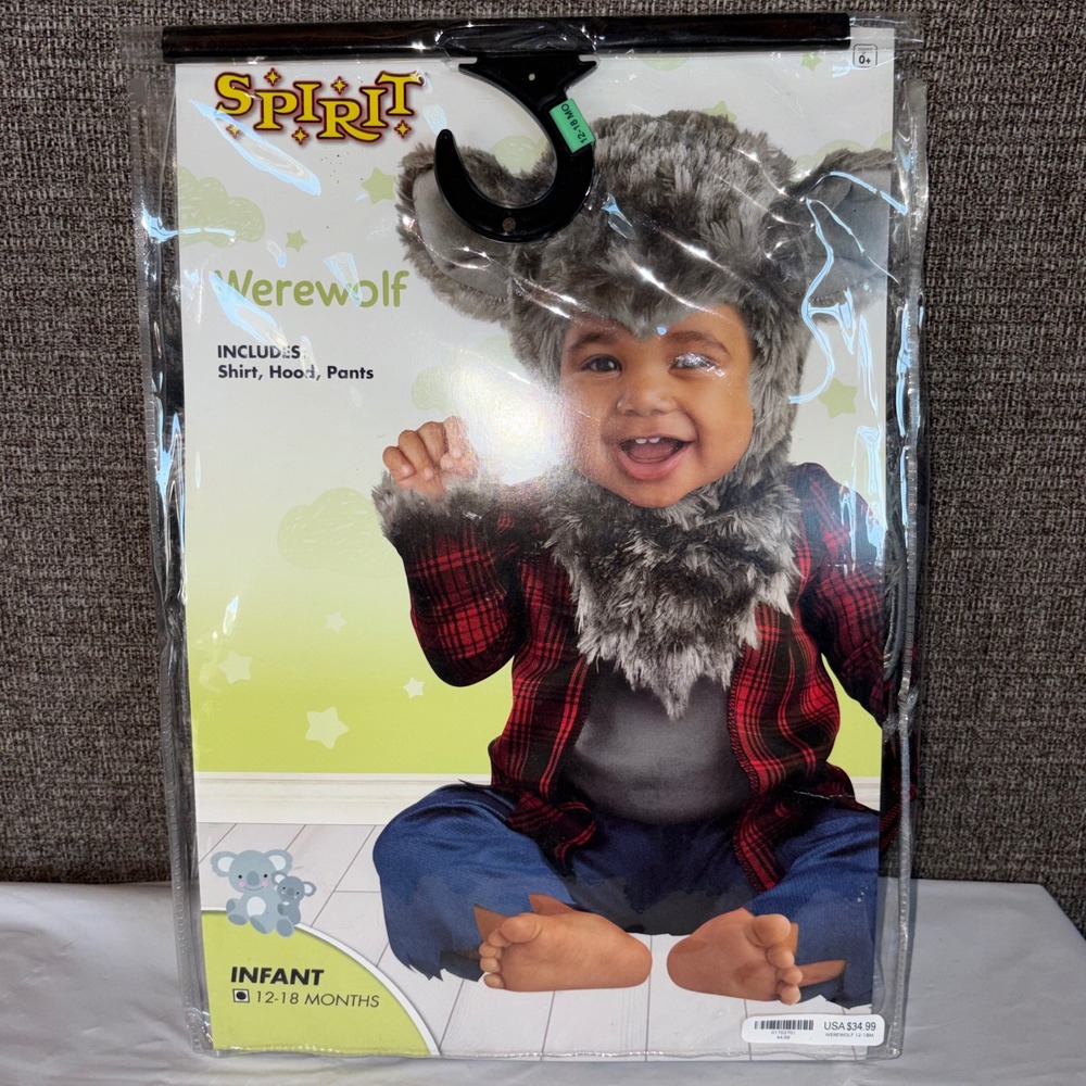 Spirit Halloween Werewolf Costume Infant 12-18 Months Plaid Shirt Hood Pants NEW